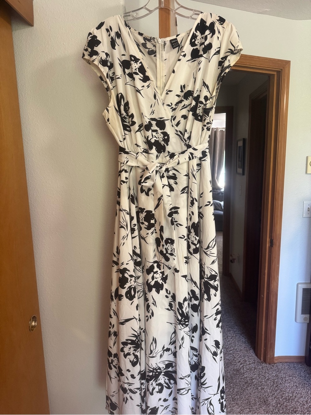 SHEIN Black & White Floral Wrap Maxi Dress